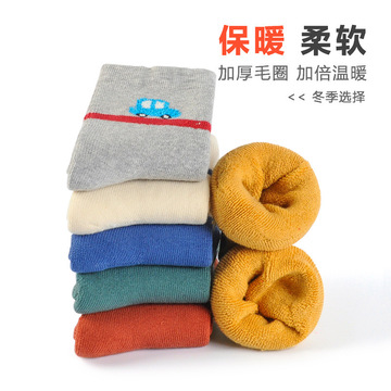 旭威秋冬宝宝保暖袜子男童精梳棉加绒加厚毛圈袜卡通汽车中筒袜子