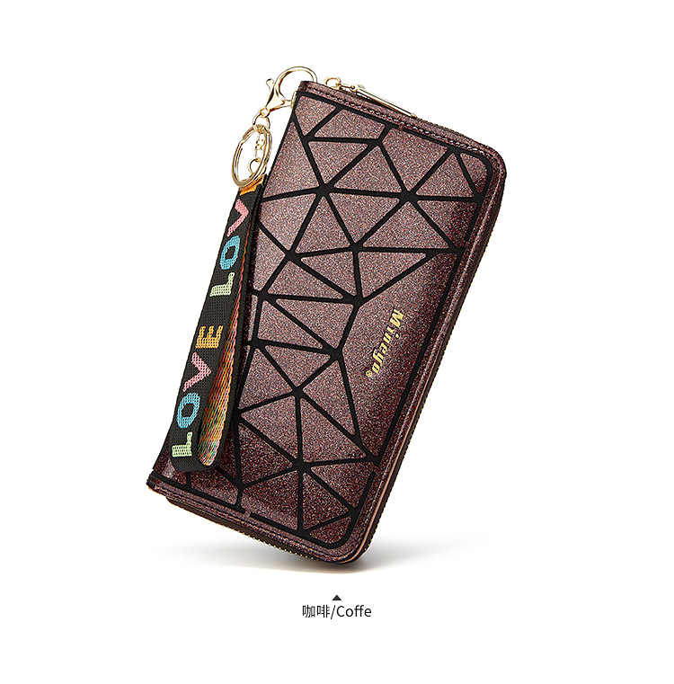 跨境新款零钱包女亮片手机包炫彩几何手拎包长款拉链卡包卡夹h998