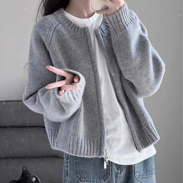 双拉链毛衣外套女新秋冬短款时尚圆领设计感小众韩系针织开衫批发