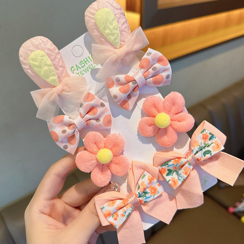 New Children's Rabbit Ears Barrettes Cute Baby Flower Bow Tie Hairpin Sets Little Girl Side Bang Clip