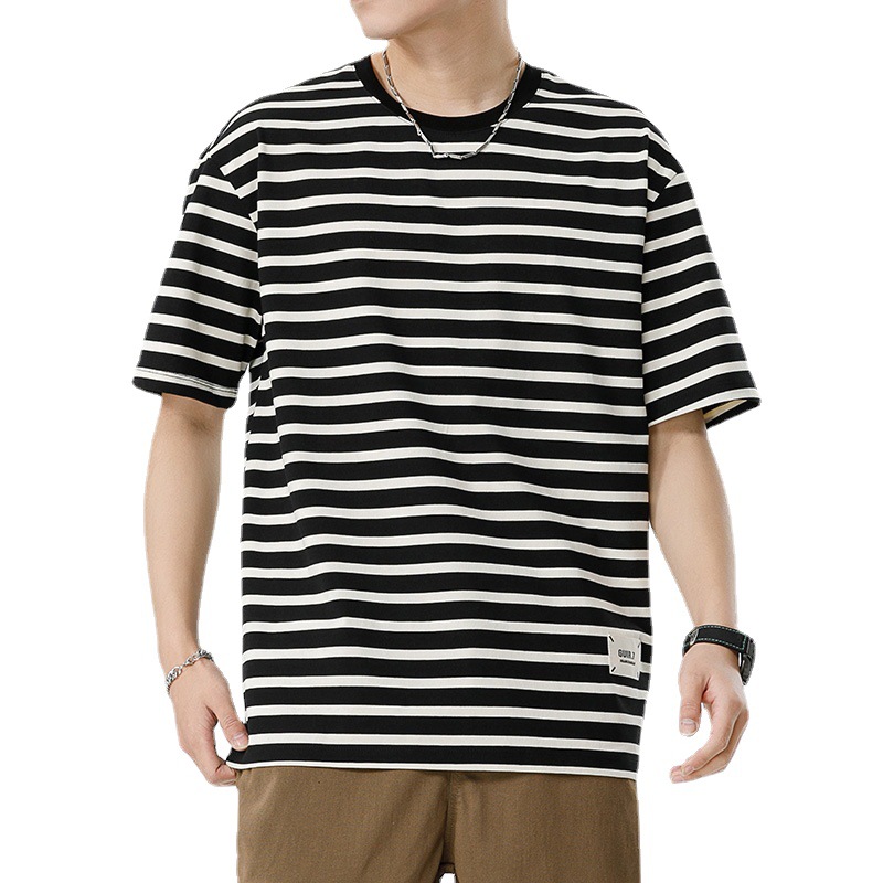 Qi Haipeng Cloud Summer New Men's Striped T-shirt Casual All-Match Men's and Women's Same Half Sleeve Top Couple Fashion