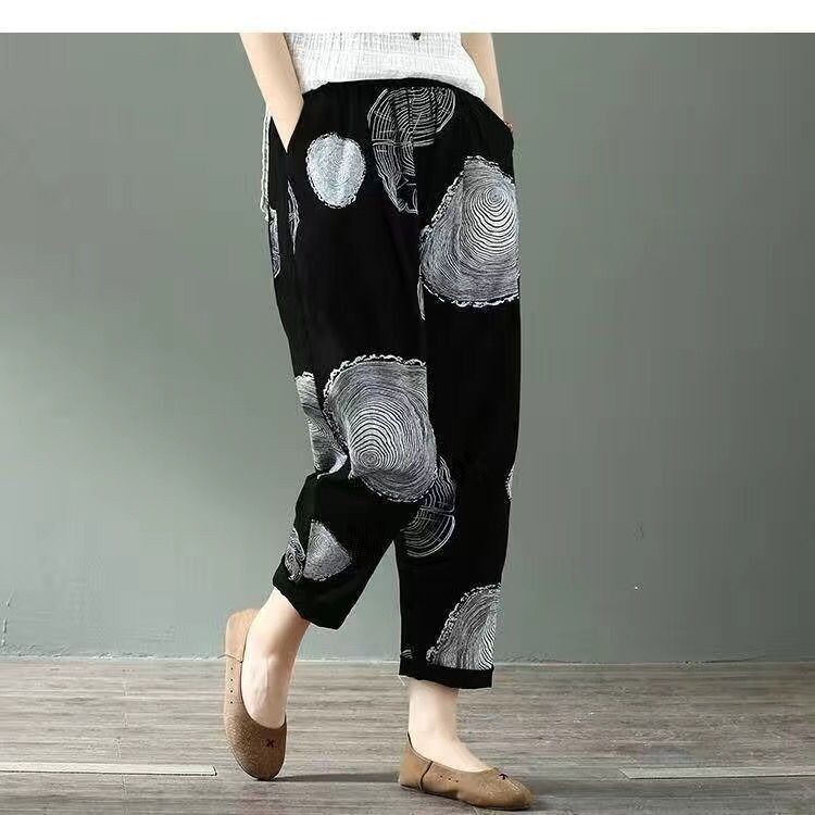 Summer Pure Cotton Mom Pants 2023 Middle-Aged and Elderly Plaid Cropped Pants Middle-Aged Harem Pants Floral Print Casual Jumpsuit Children