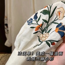 A2903051新款国风中式苎麻棉麻亚麻重工花朵刺绣灯笼袖衬衫上衣女