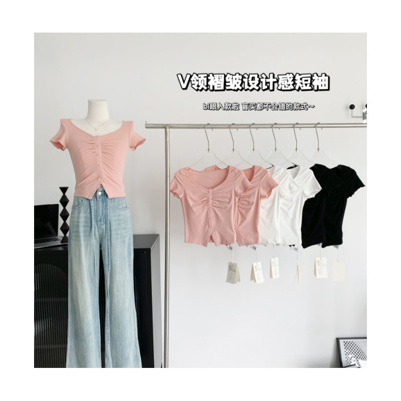 Mu Ge Tiancai Hotty/Summer V-neck Pleated Short Sleeves T-shirt Women's Design Sense Niche Slim Slimming Hot Girl Top