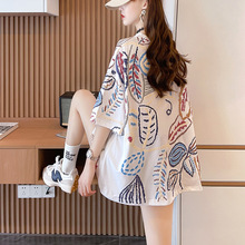 跨境新款2024夏季韩版印花短袖t恤女学生休闲上衣时尚中长款女装