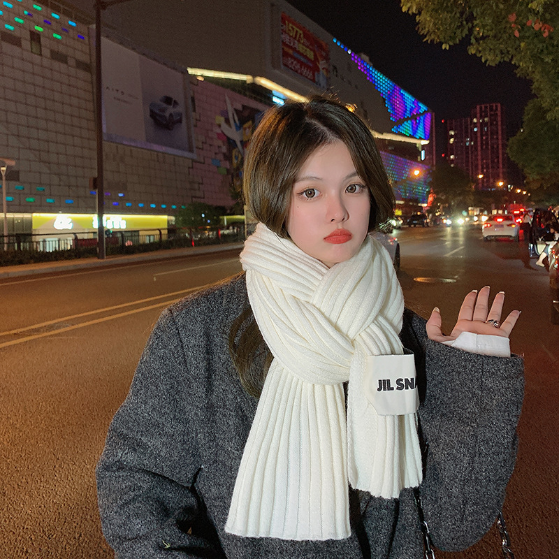 Korean Style Simple Solid Color Knitted Scarf for Women Autumn and Winter with Logo All-Matching Thick Warm Student Couple Scarf Wholesale