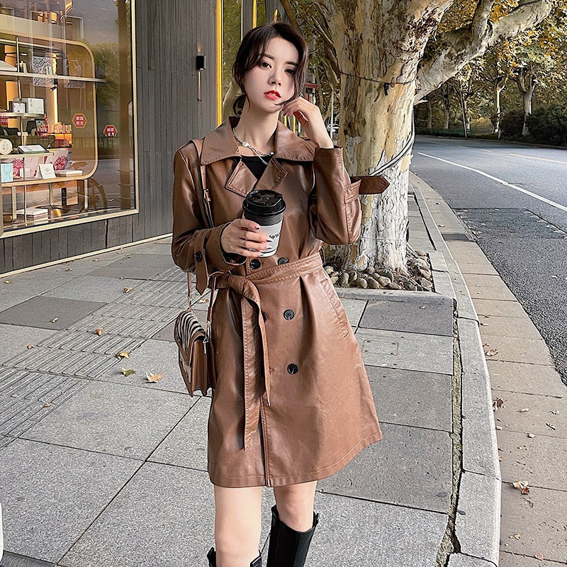 实拍2022秋季新款中长款港风复古小个子气质大衣pu皮风衣外套