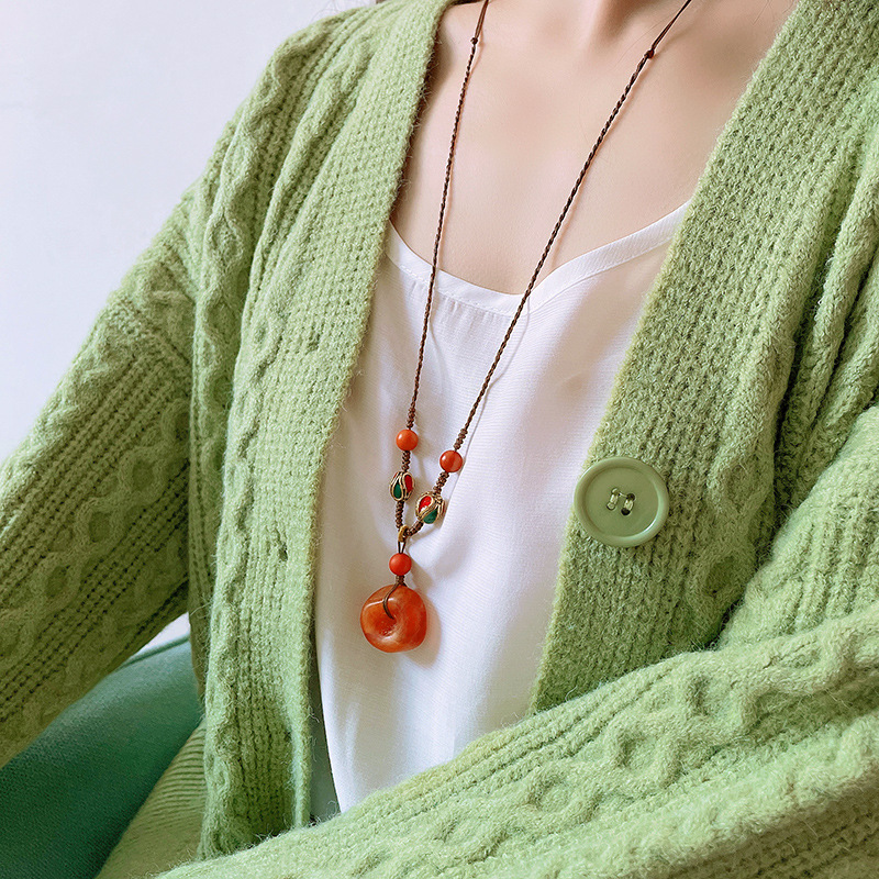 Retro Beeswax Pendant Handmade Weaving All-Matching Clavicle Chain Ethnic Style Women's Necklace Simple Hang Clothes Pieces Ornament