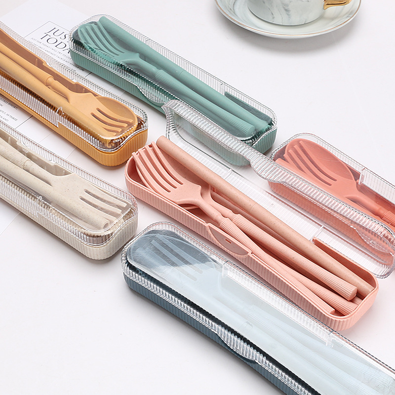 Wheat Straw Knife, Fork and Spoon Chopsticks Straw Five-Piece Portable Tableware Set Student Outdoor Travel Tableware Gift