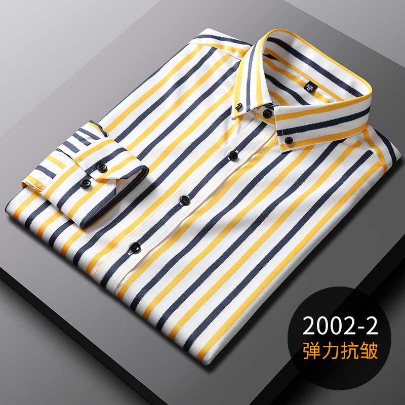 New Men's Long-Sleeved Stretch Shirt Korean-Style Slim-Fit Striped Casual Shirt Anti-Wrinkle Non-Ironing Shirt One Piece Dropshipping