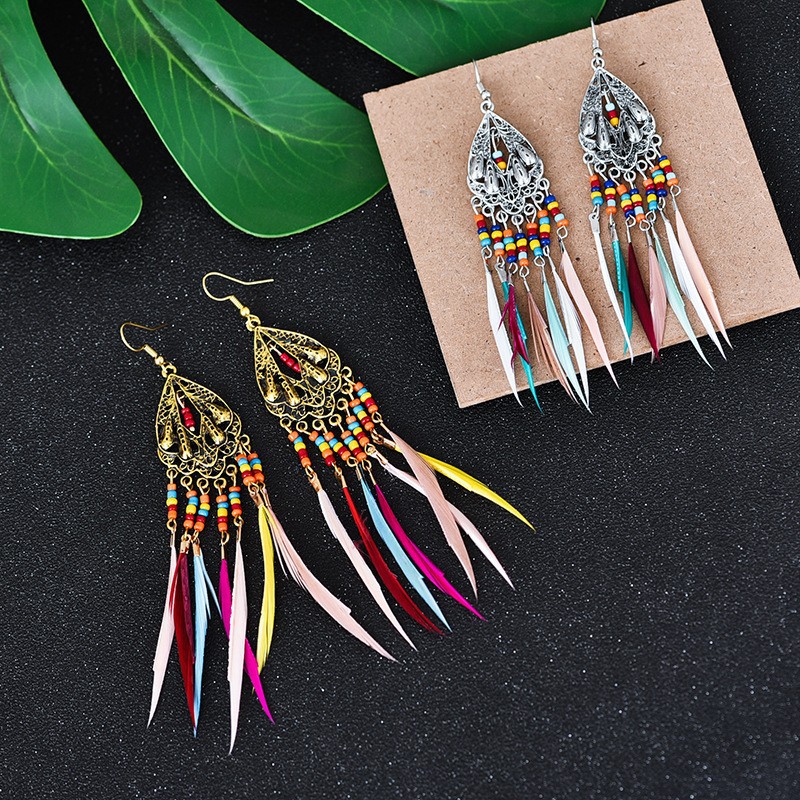 2023 New Fashion Retro Hollow Long Feather Earrings European and American Colorful Bead Tassel Earrings Bohemian
