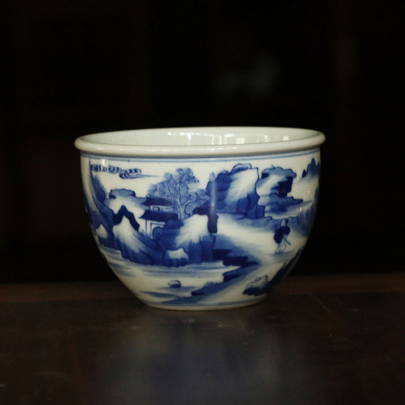 康熙山水缸杯 景德镇手绘青花陶瓷仿柴窑品茗杯风水缸主人杯