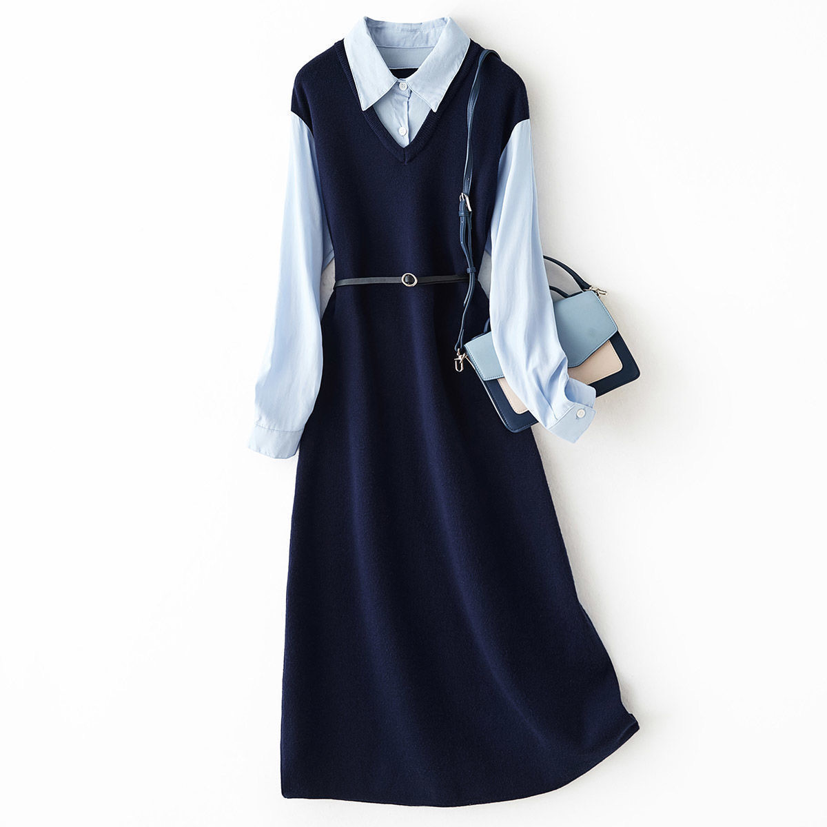 连衣裙2021新款秋季洋气假两件连衣裙中长款显瘦针织连衣裙女装