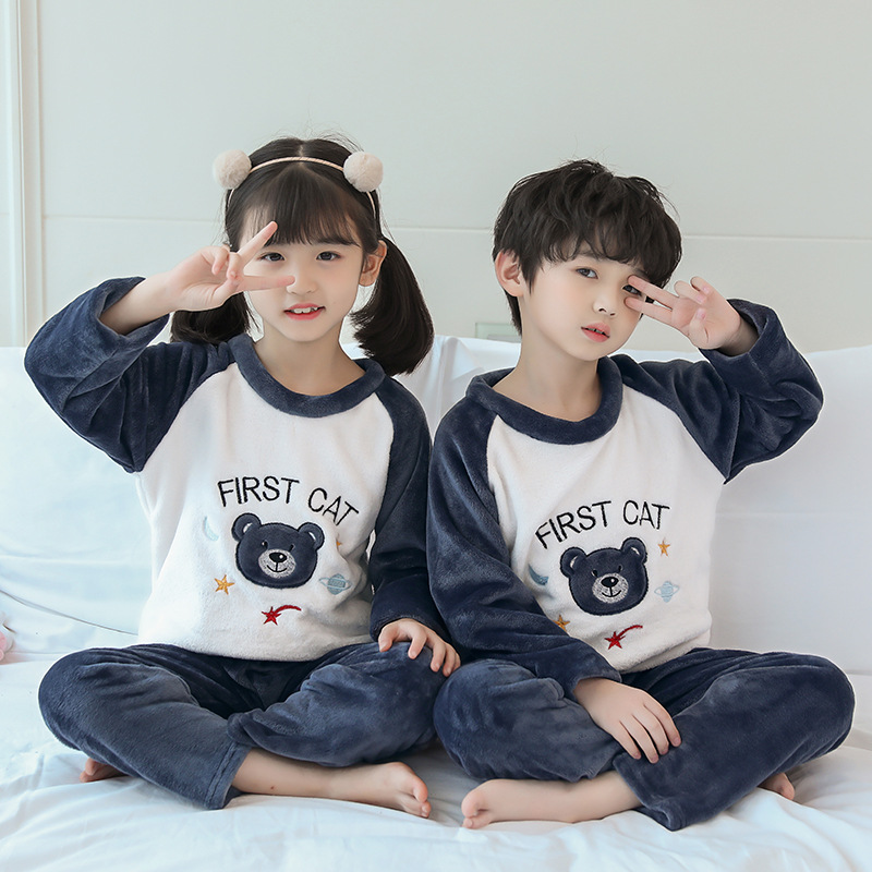 Children‘s Flannel Pajamas Thickened Winter Fleece Lining Boys Autumn and Winter Boys Coral Fleece Girls‘ Home Wear Older Children