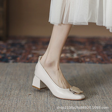 1280-101美丽点方头单鞋凉鞋女夏粗跟高跟鞋中跟浅口仙女风女鞋