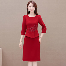 国风假两件时尚优雅红色礼服裙2023年秋款七分袖气质修身连衣裙