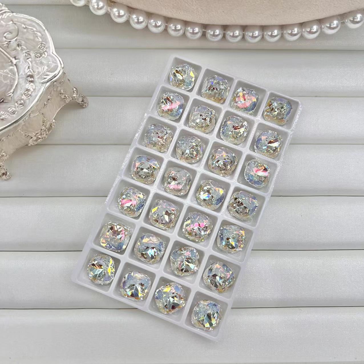 Xiaohongshu Same Style 14mm Fat Square Plated Light AB Film K9 Diamond Nail Beauty Rhinestone Ornaments Diamond Decorations Accessories Diamond Decorations
