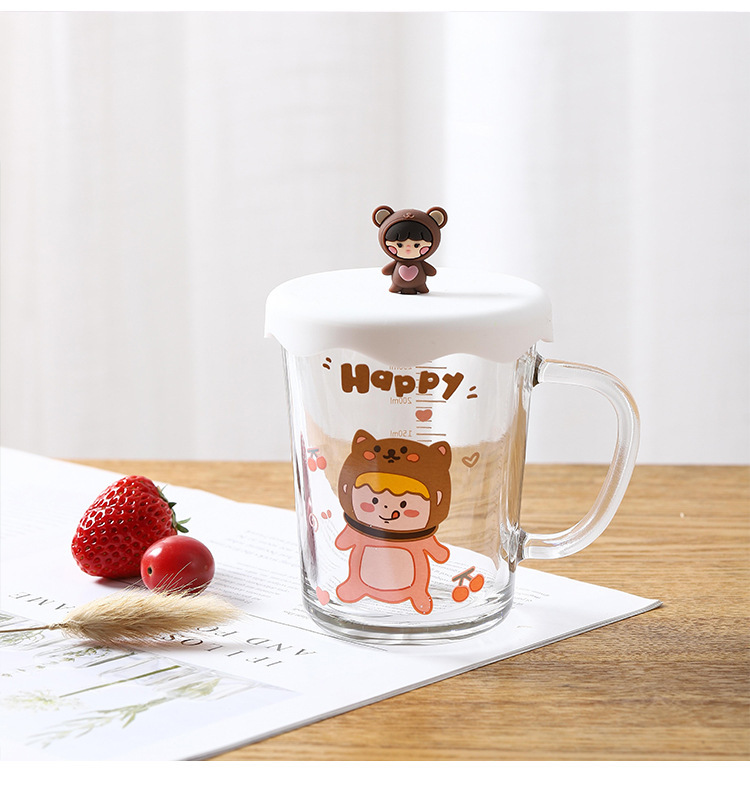 杯子in风印漫步太空玻璃早餐牛奶杯带把可爱带盖刻度杯果汁饮料杯
