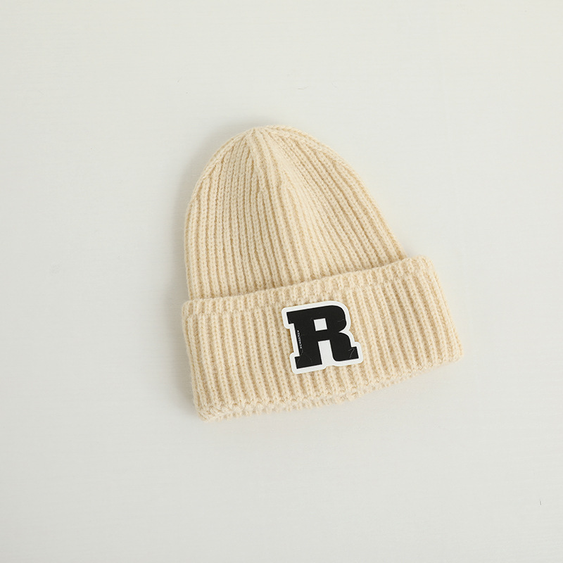 2023 Children's Knitted Hat Korean Style Letter R Patch Western Style Hat Autumn and Winter Warm Boys and Girls Solid Color Woolen Hat