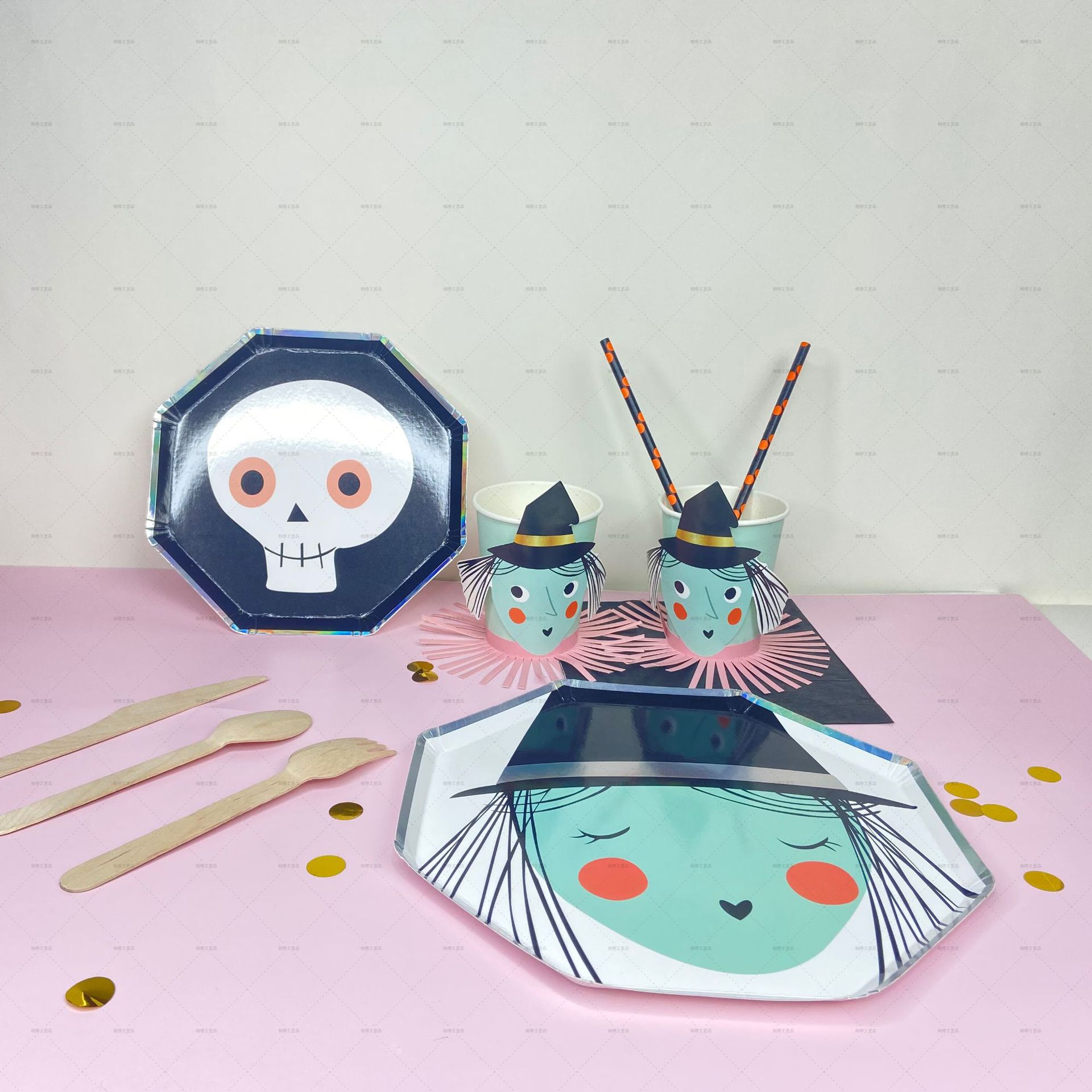 halloween纸碟鬼节骷髅纸盘 万圣节主题一次性餐具纸杯纸巾八角盘