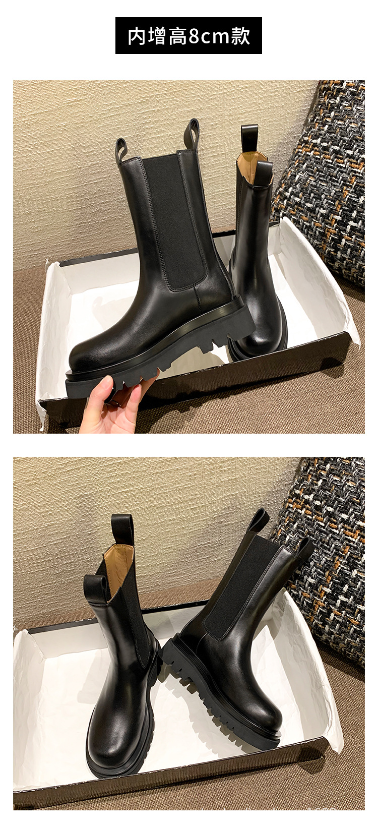 全牛皮~mona真皮内增高马丁靴女英伦风中筒厚底切尔西短靴烟筒靴