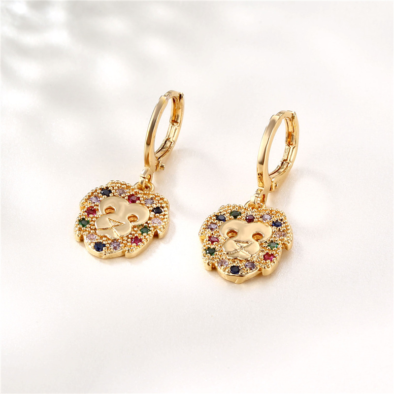 Cross-Border Domineering Retro Lion Zircon Earrings Female Copper Plating 18K Gold Animal Mixed Color Lion King Earrings Earrings