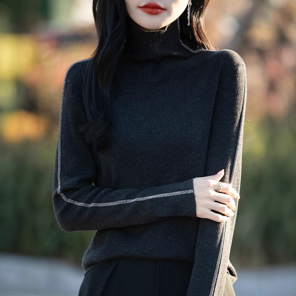 精仿羊毛高领烫钻针织打底衫女长袖套头毛衣秋冬新款跨境内搭上衣