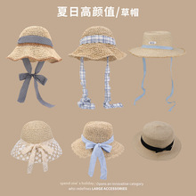 日系甜美蕾丝草帽女手工编织夏季防晒太阳帽出游大檐沙滩遮阳帽子