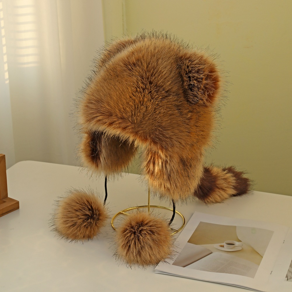 Coati Overlord Hat Autumn and Winter Adult and Children Cute American Raccoon Dog Imitation Fur Fox Fur Earflaps Warm Cat Ear Hat