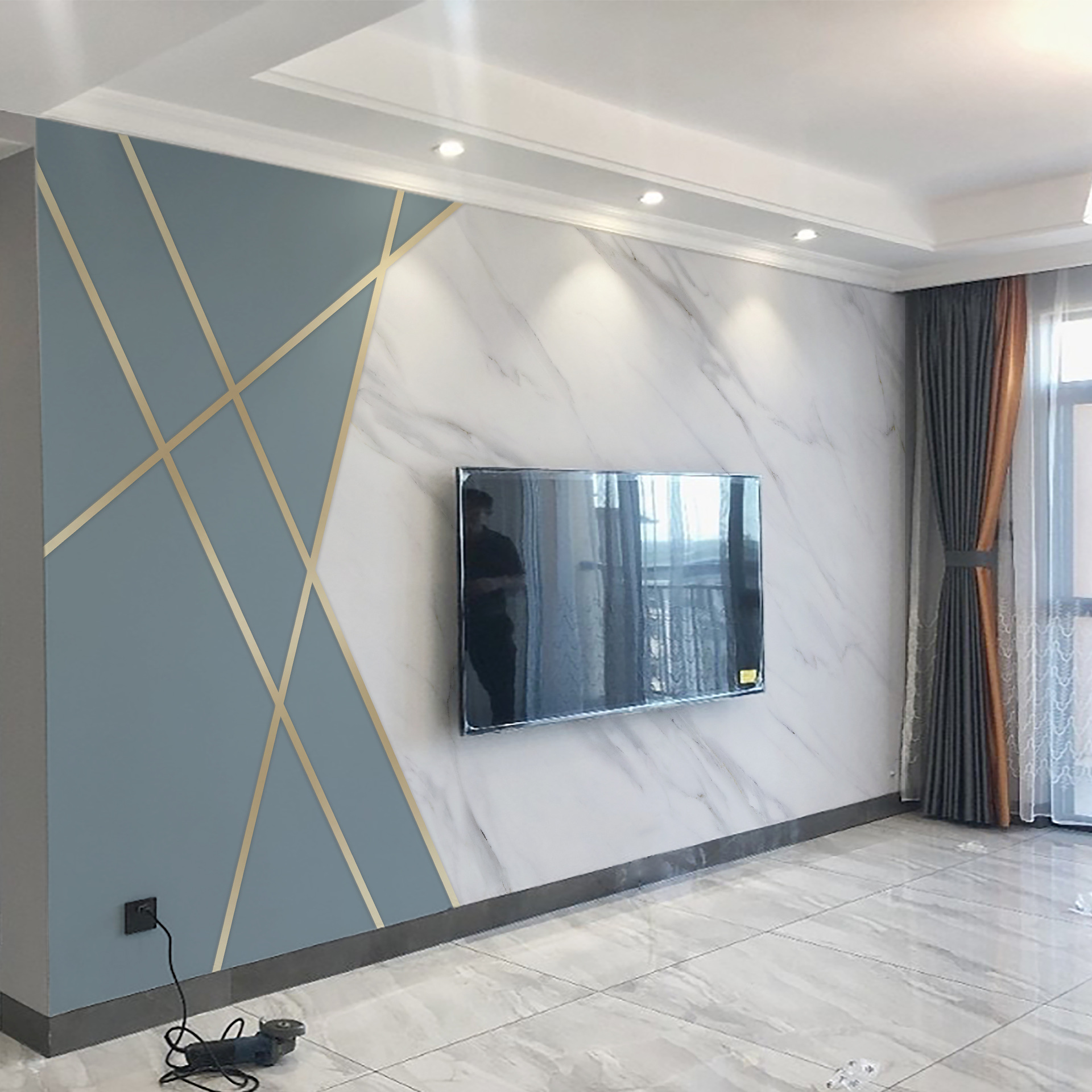 电视背景墙壁纸客厅仿大理石轻奢风立体几何线条素雅影视墙布壁画