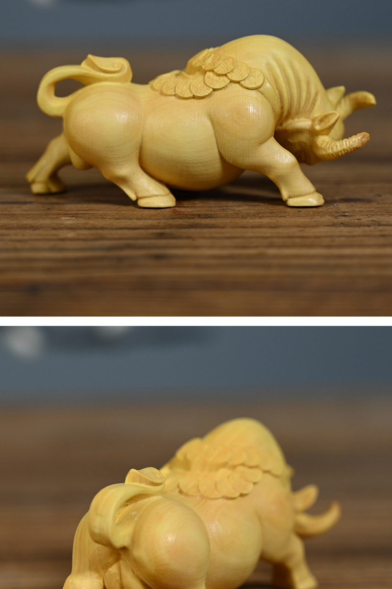 黄杨木雕牛气冲天斗牛摆件生肖金钱富贵小金牛木制工艺品办公摆饰