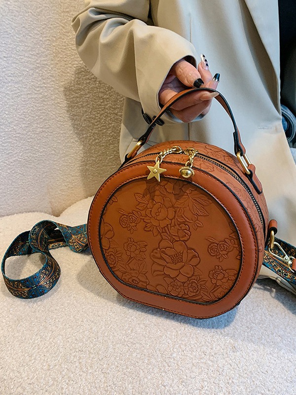 Retro Embossing Printed Small round Bag Shoulder Bag Messenger Bag 2024 New Trendy Shaping Women's Bag