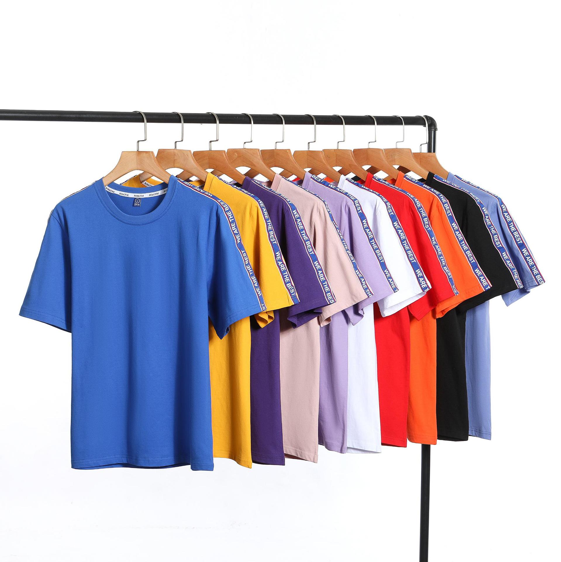 重磅短袖女士精梳棉落肩短袖t恤织带款五分袖上衣纯色潮牌圆领t恤