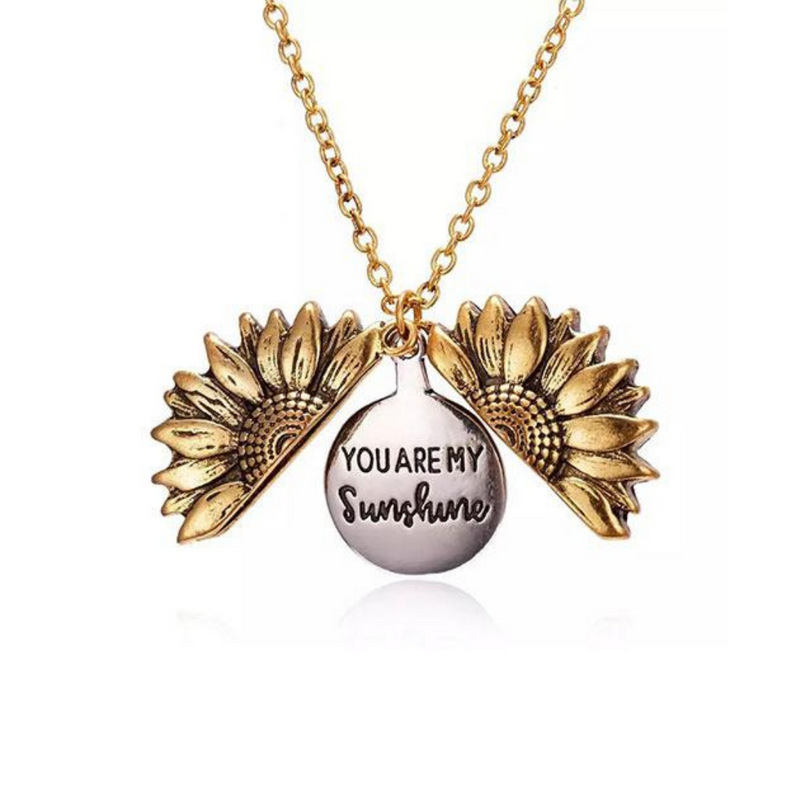 Flower-Shaped Necklace Alloy Flower Sunflower Double Layer Inscription Necklace Can Open SUNFLOWER Clavicle Chain
