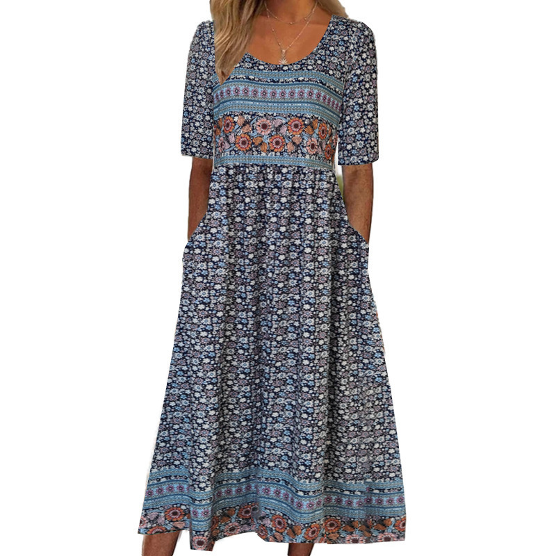 2024 European and American Amazon Summer New Women's round Neck Short Sleeve Dress Bohemian Print Dress Women