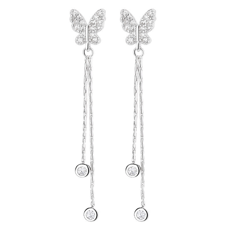 925 Sterling Silver Butterfly Long Fringe Stud Earrings for Women Unique Design Sweet Butterfly Ear Bone Stud Ins Graceful Ear Ornaments