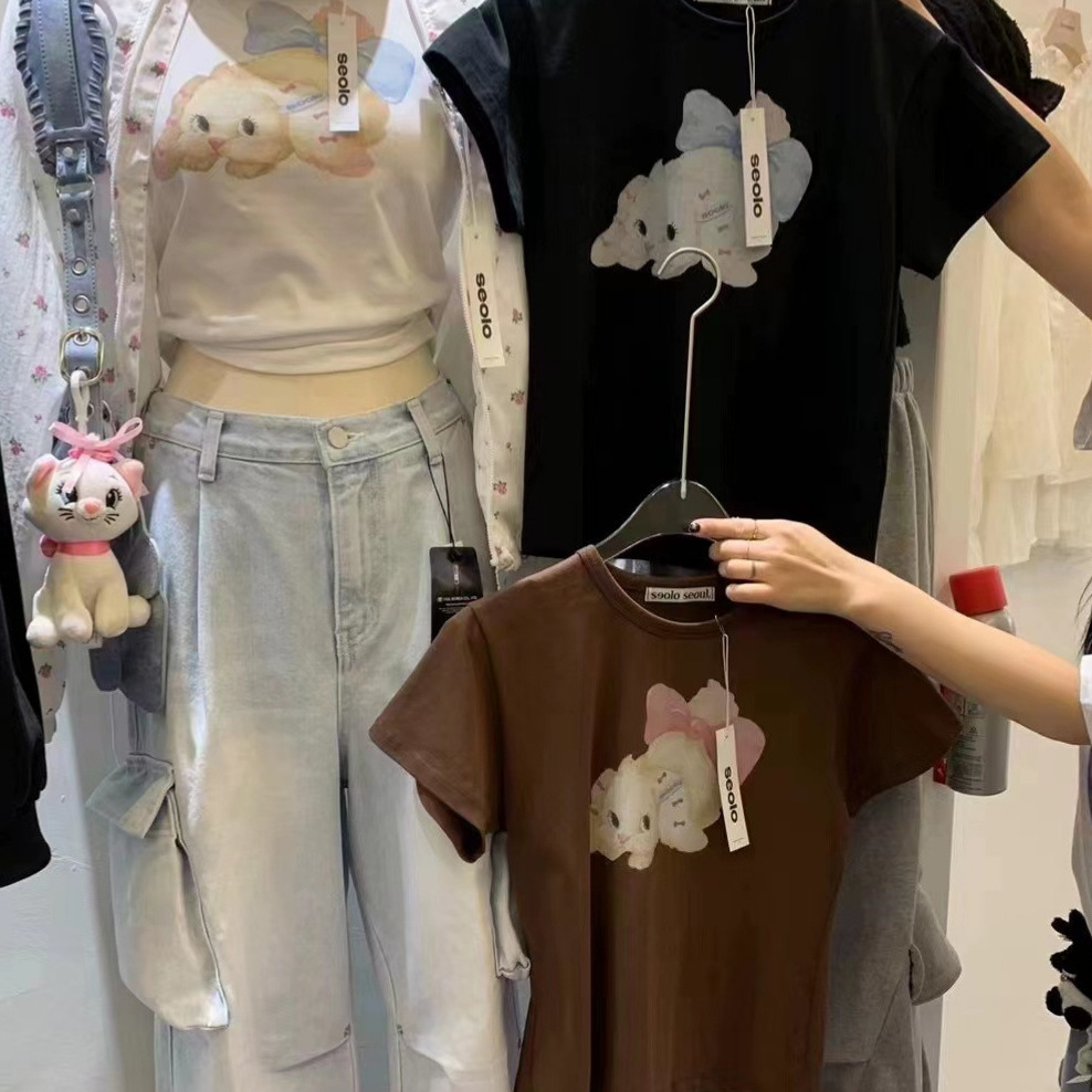 现seolo小崔韩国东大门代购春夏新款小猫印花短袖圆领t恤040237