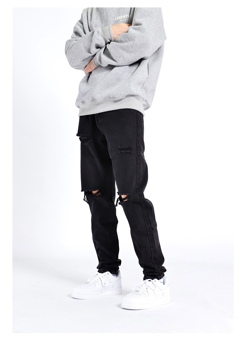 高街fog磨边破洞小脚牛仔裤长裤修身直筒显瘦情侣款水洗裤子男ins