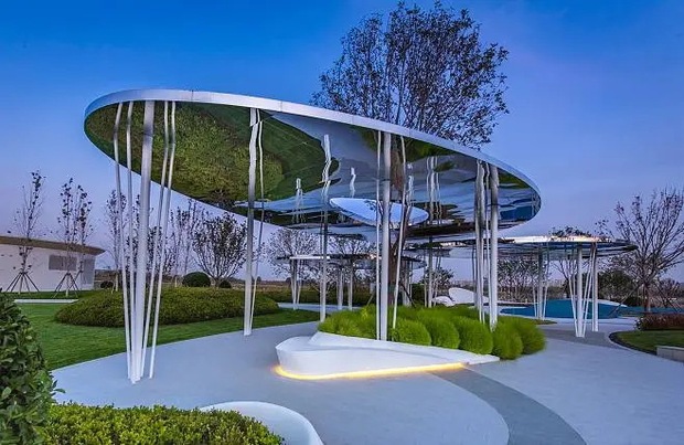 户外大型不锈钢廊架钢结构异形发光金属廊架飘带厂家制作安装施工