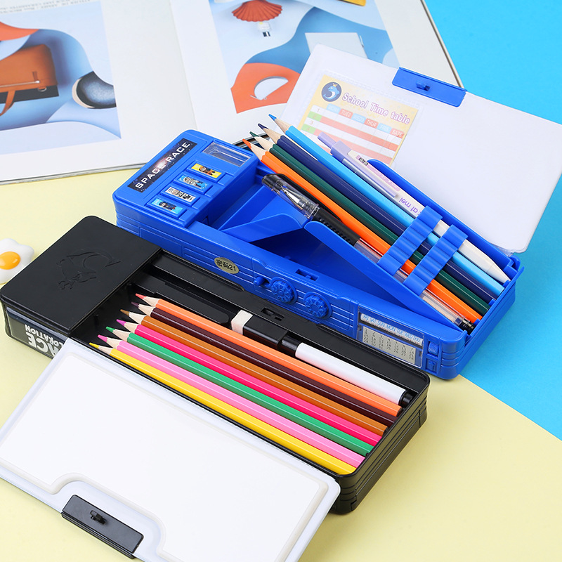 Astronaut Multifunctional Stationery Box Office Button Primary School Student Double-Sided Pencil Box Pencil Sharpener Curriculum Schedule Password Lock