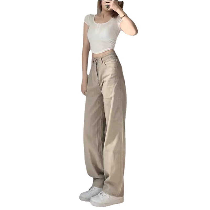   Khaki Jeans for Women Autumn and Winter New Korean Style High Waist Slimming aid-Back Style Wide-eg Draggle-Tail Trousers Women's Fashion