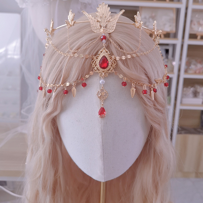 异域风流苏发冠精灵发冠版纳拍照头饰西域舞姬红色发冠眉心坠额饰