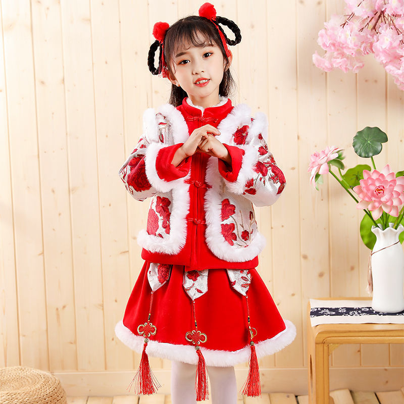 女童汉服套装宝宝喜庆唐装拜年服两件套中小童可爱过年衣服加厚冬