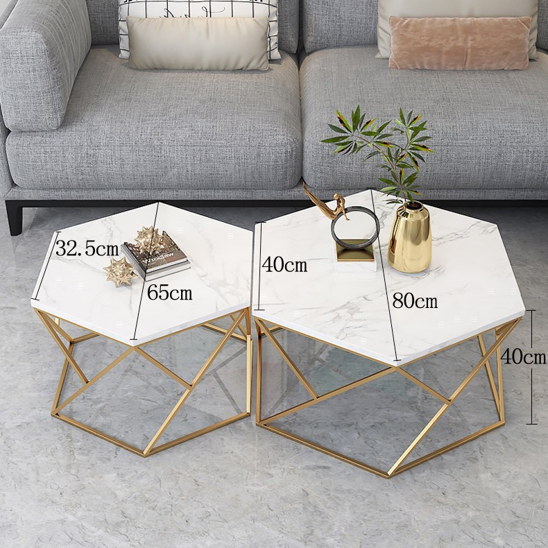北欧客厅大理石茶几 轻奢铁艺多边形茶几组合 六边形创意金色茶几