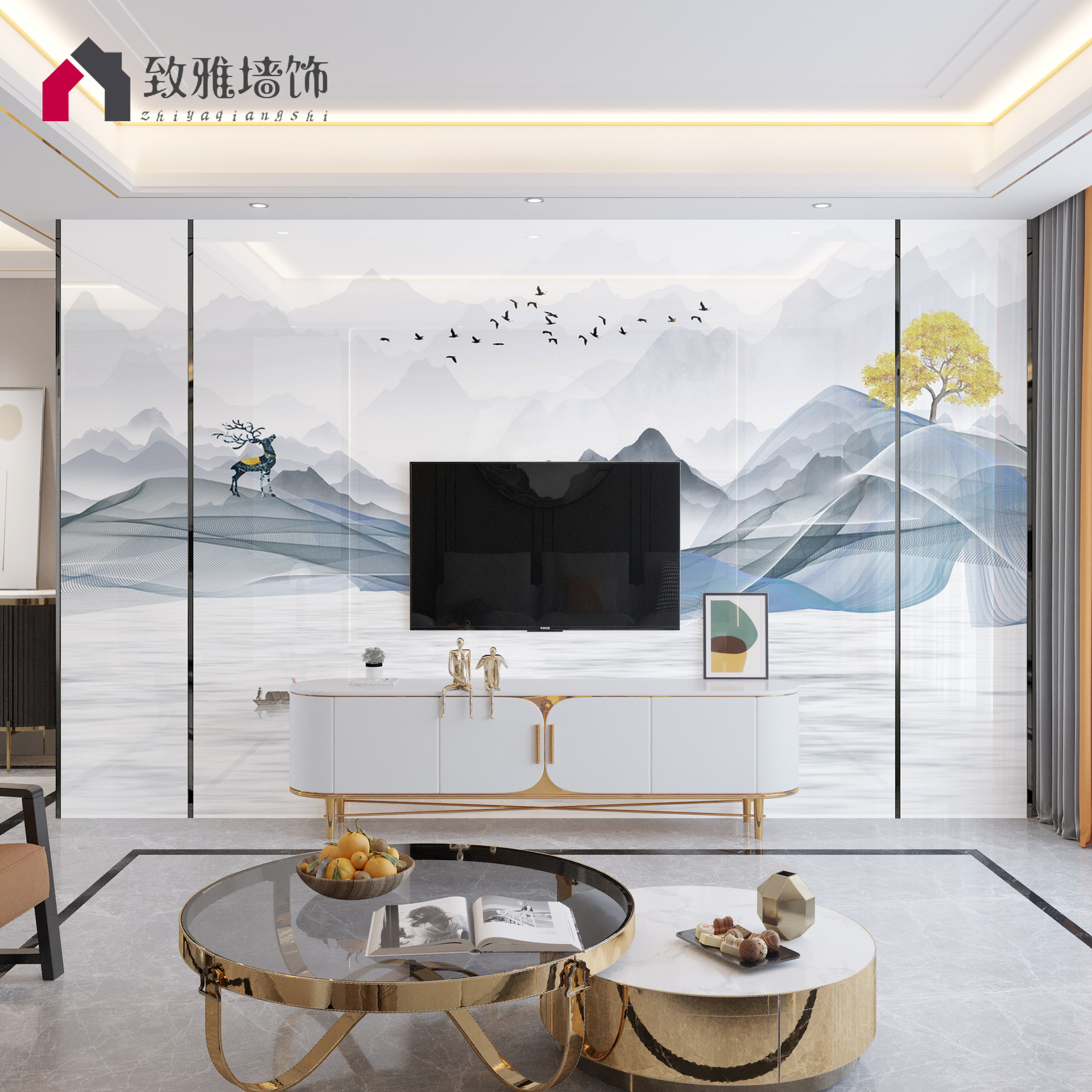 岩板电视背景墙现代简约客厅大理石电视墙轻奢风微晶石瓷砖影视墙