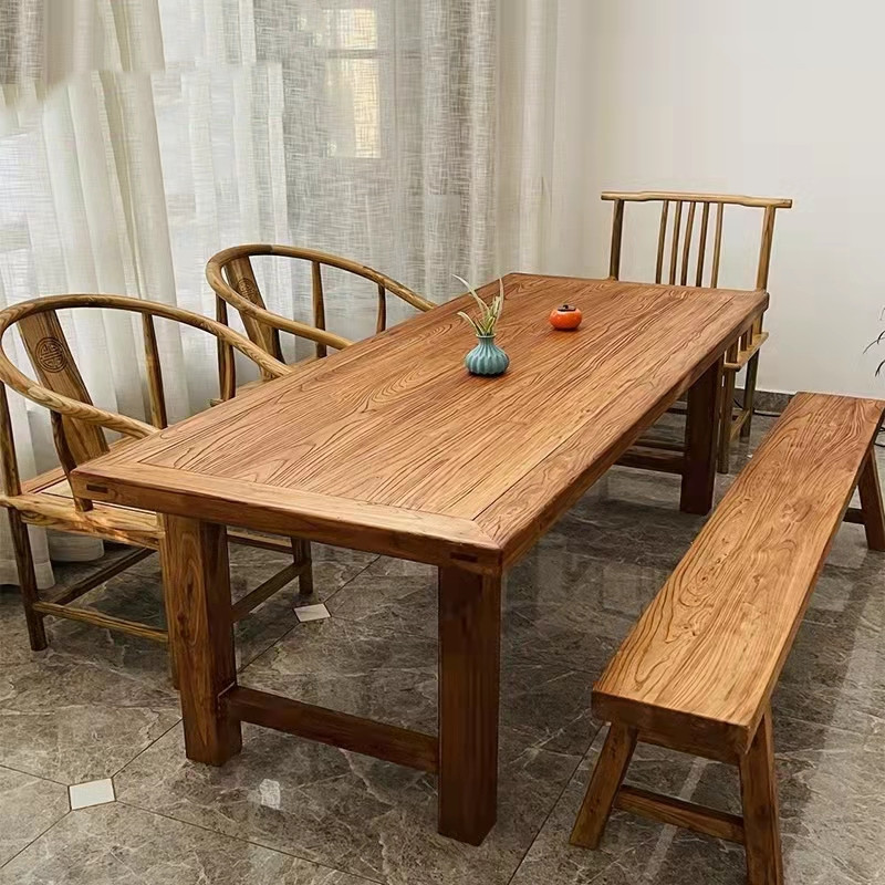 新中式老榆木门板茶桌原木茶台餐桌怀旧风民宿饭榆木餐桌