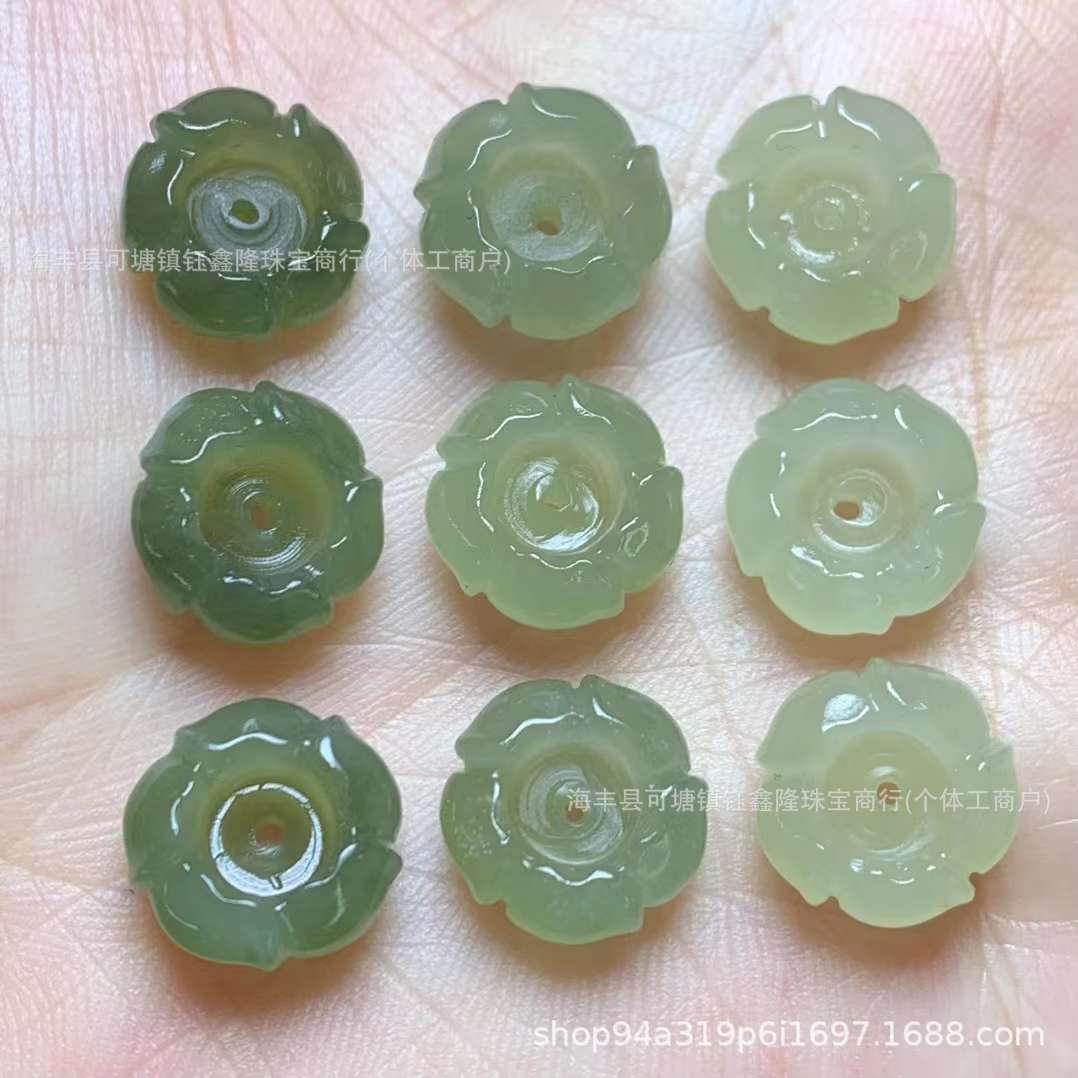 和田玉青海料莲花座小雕件吊坠孔 手链项链吊坠佛珠文玩diy配饰