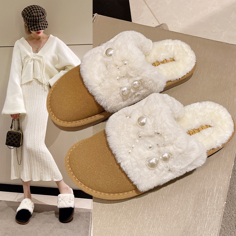 网红时尚串珠包头半拖鞋女2022冬新款韩版圆头平跟软底休闲拖鞋