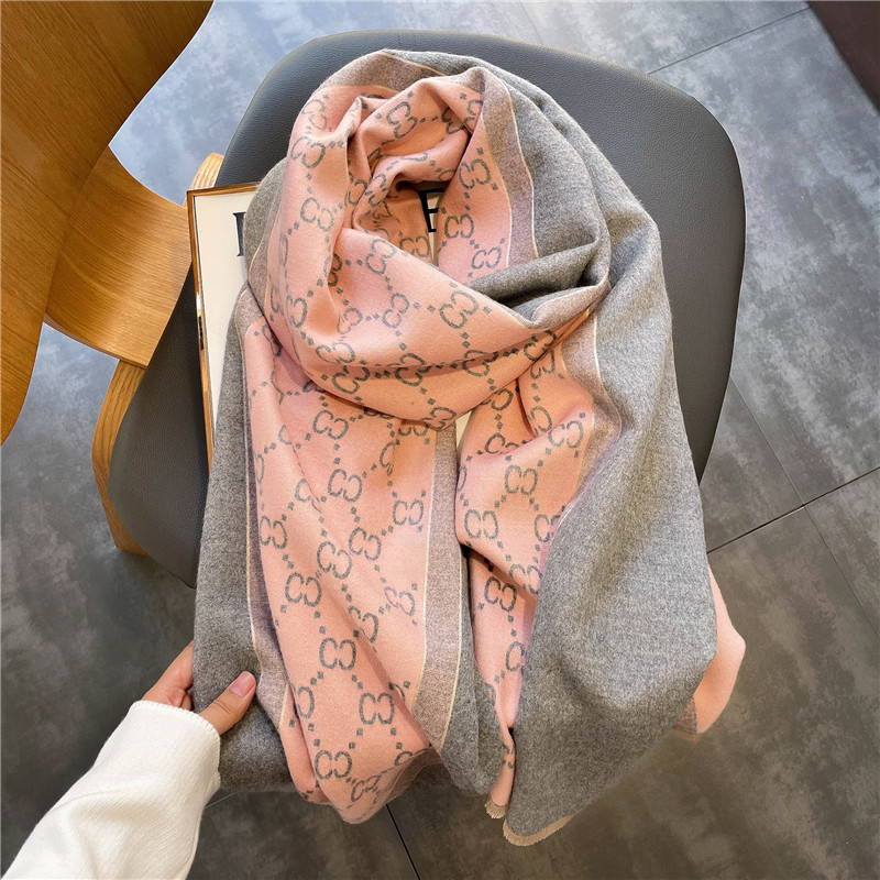 Autumn and Winter New European and American Style Double C Color Matching Cashmere Double-Sided Thermal Scarf Jacquard Tassel Scarf Big Brand Shawl