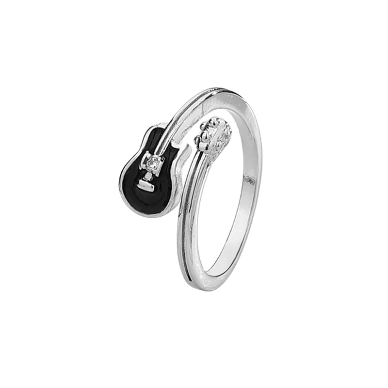 White Guitar Ring Trendy Cool Rock Style Black Musical Instrument Switchable Index Finger Ring Personality Diamond-Embedded Cello Ring Female